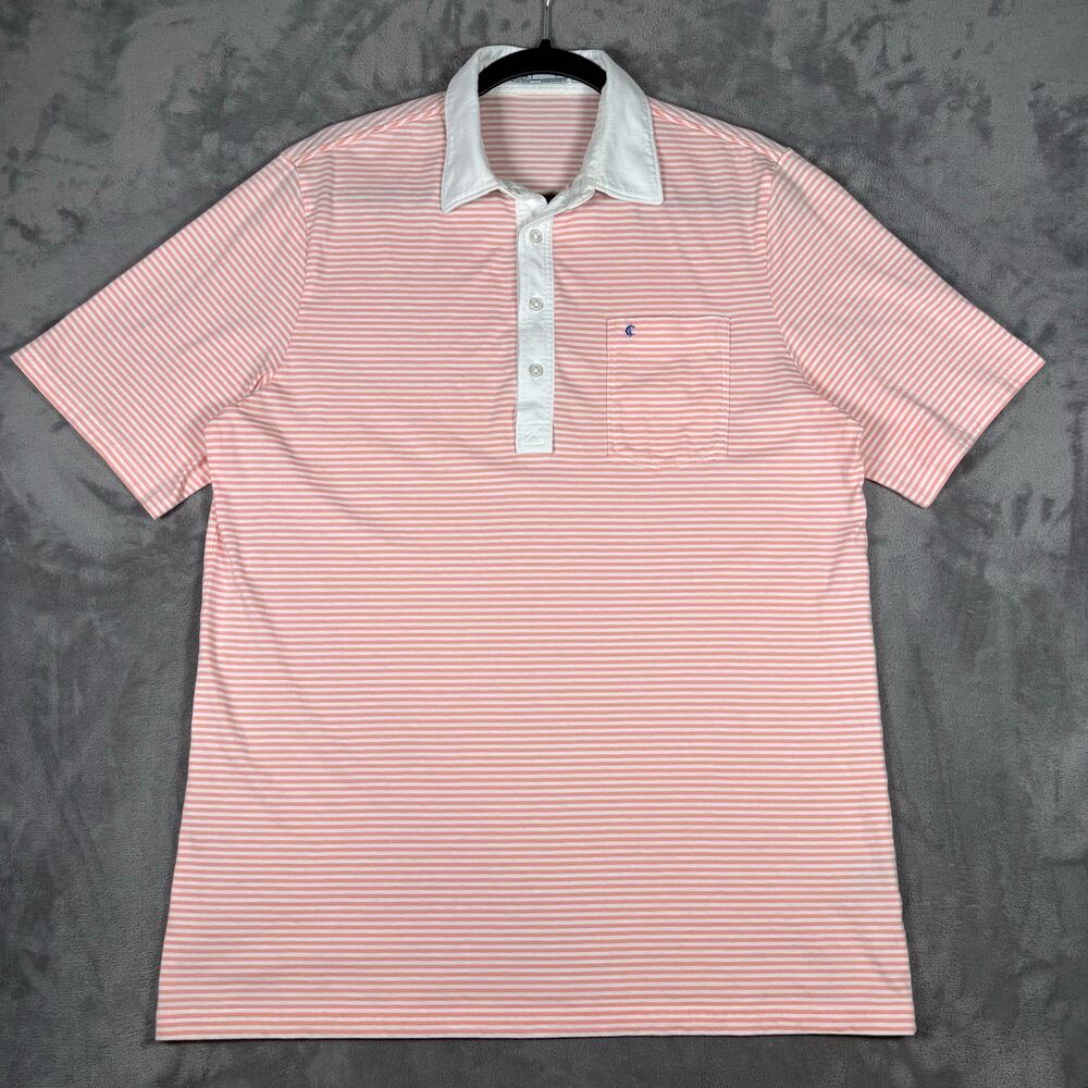 Criquet Pink White Striped Pocket Polo Shirt Organic Cotton Men’s Large